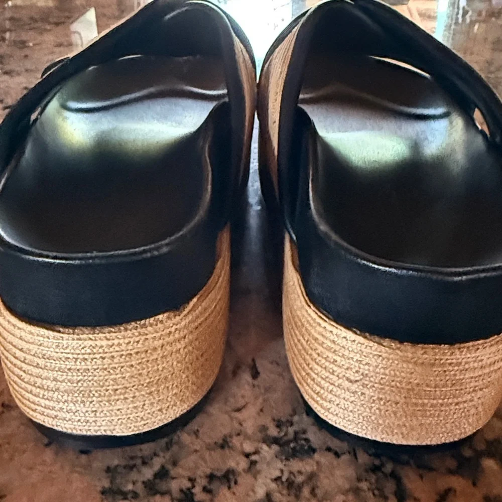 Rebecca Minkoff Platform Raffia Slide Tan and Black Sandals 9